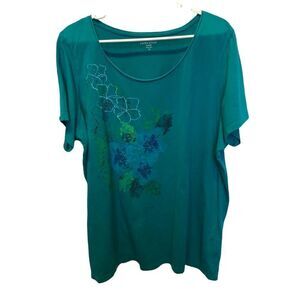 Laura Scott Fancy t shirt turquoise floral short sleeve embellished 2X